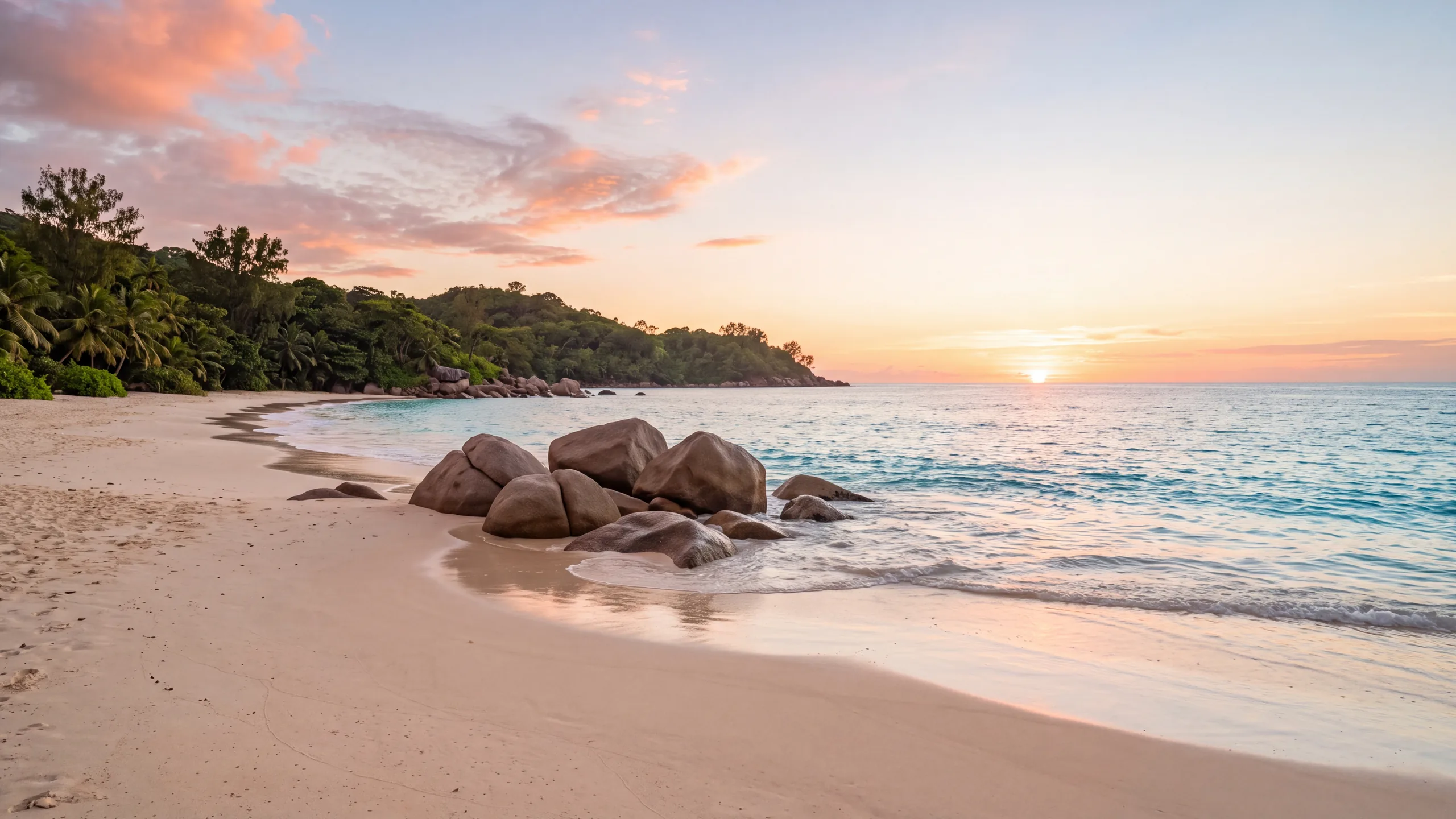 AI-created interpretation of Anse Lazio on Praslin at sunset, with pale sand, rounded granite boulders and clear Indian Ocean water beneath a coral sky.