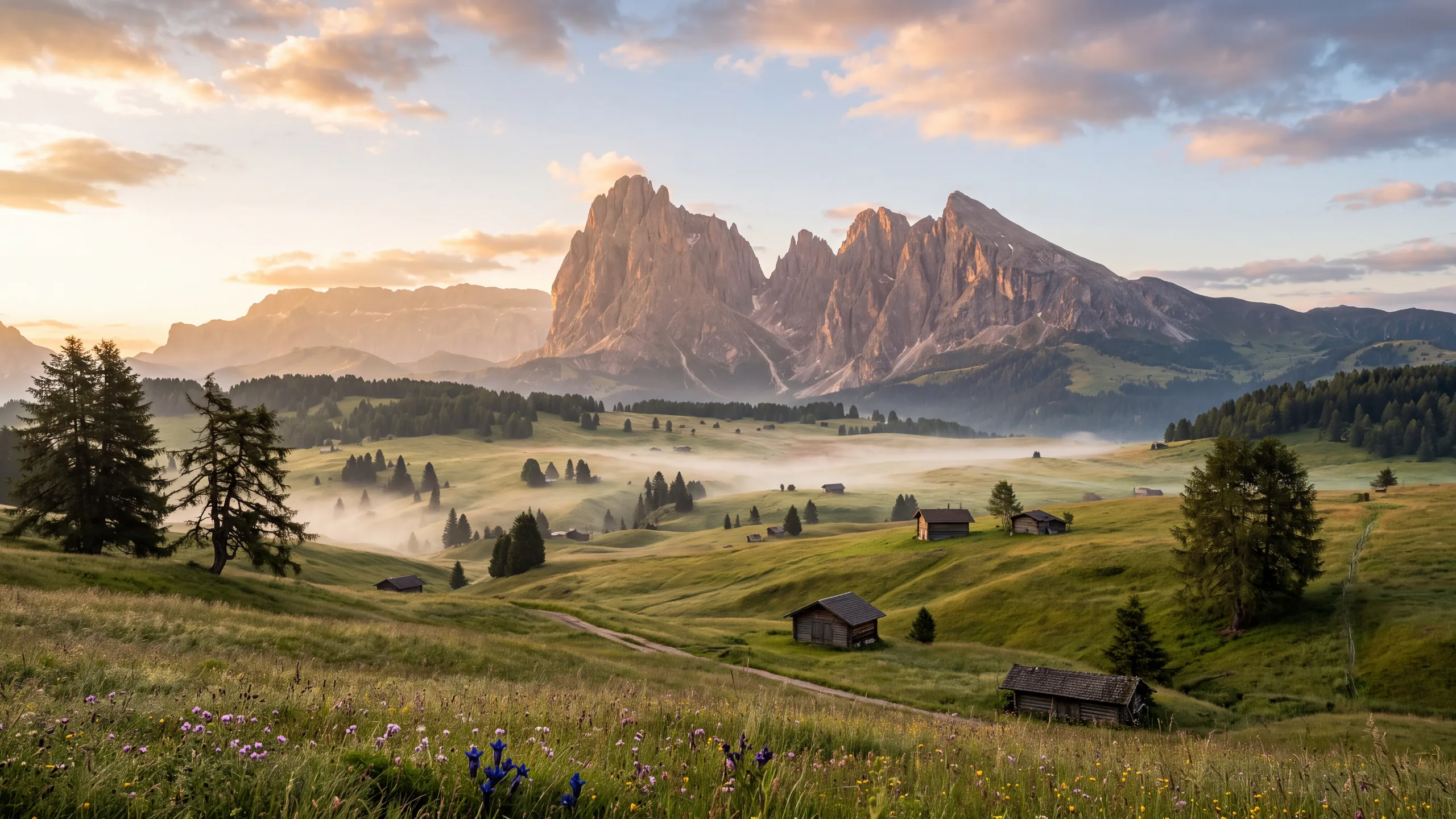 AI-created interpretation of a golden sunrise over the Italian Dolomites, with green meadows and soft valley mist.