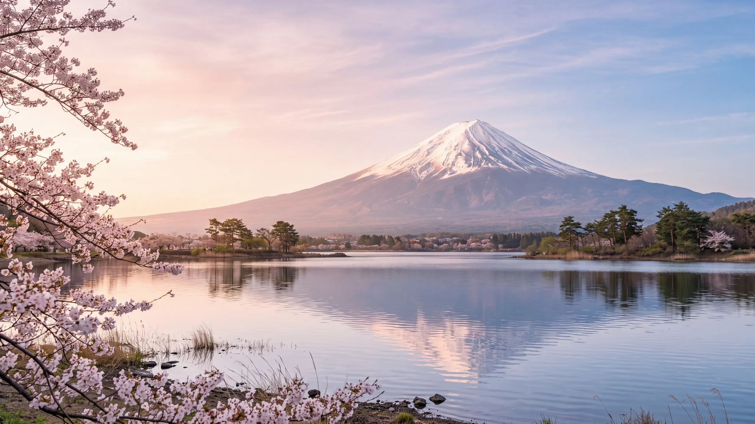 AI-created interpretation of Mount Fuji at peach-pink sunrise, reflected in a still lake with cherry blossom branches at the edge.