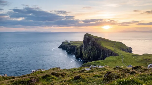 AI-created interpretation of Neist Point on the Isle of Skye at sunset, with green sea cliffs, a small white lighthouse and golden light over a quiet Atlantic horizon.
