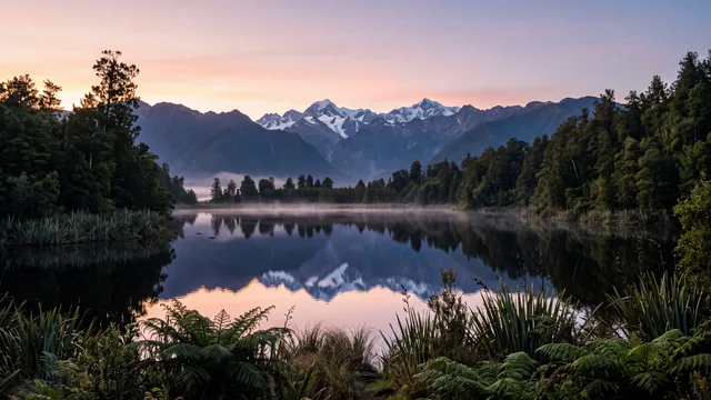 AI-created interpretation of Lake Matheson, New Zealand, at sunrise, with snowy mountain peaks reflected in still water, low mist, forested banks and a fern-lined shore beneath a pink dawn sky.