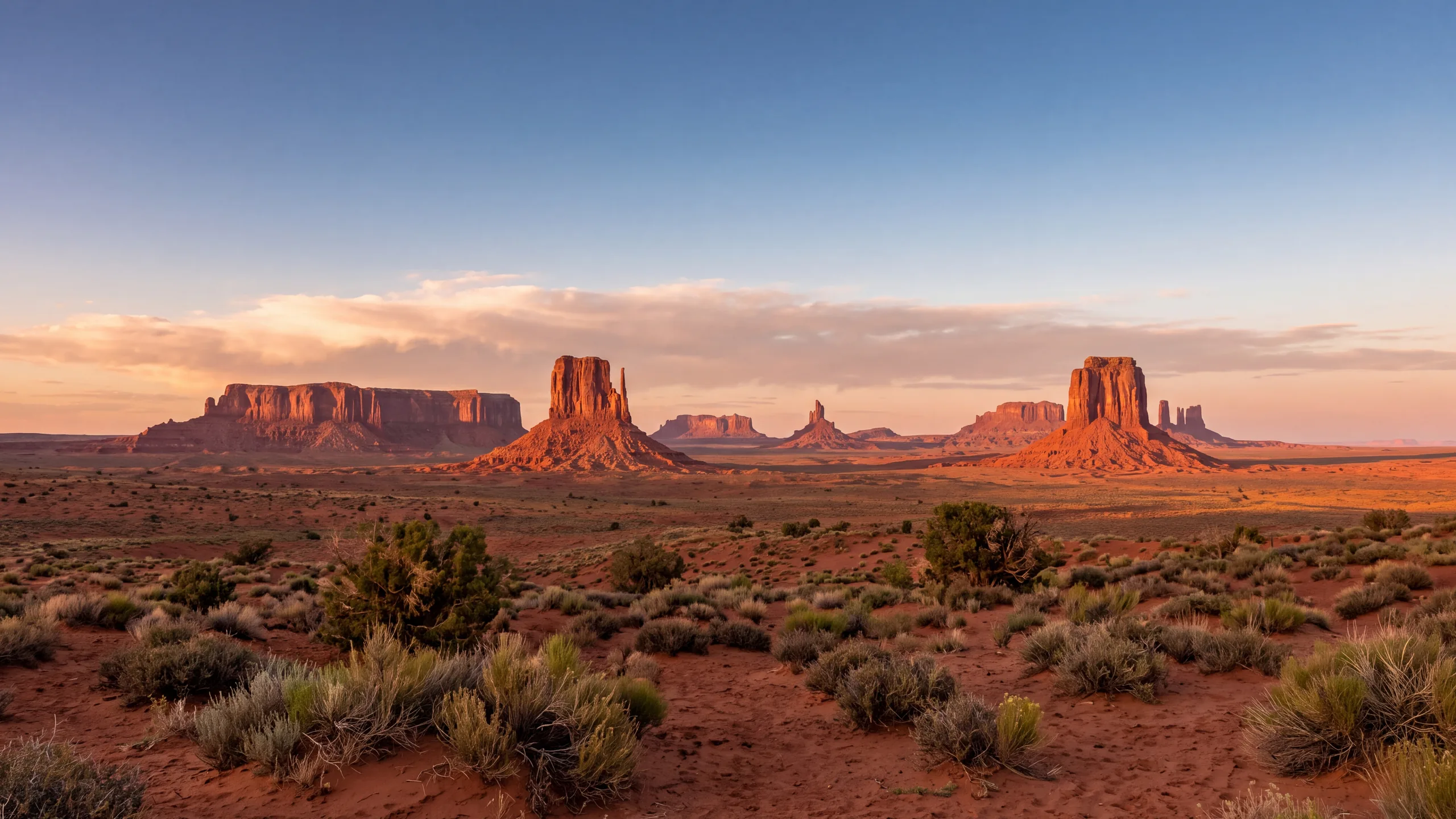 AI-created interpretation of Monument Valley in the Navajo Nation at sunset, with red sandstone buttes above a broad desert floor and soft coral clouds.