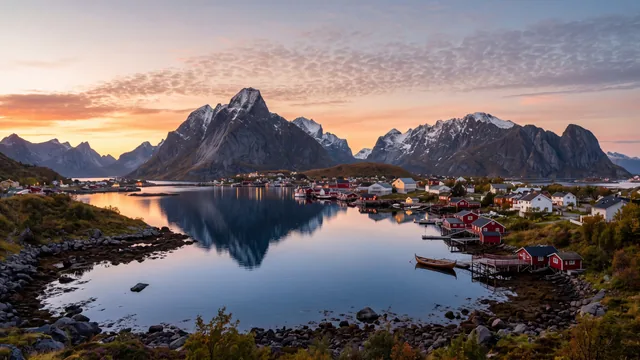 AI-created interpretation of Reine in Norway’s Lofoten Islands at sunset, with red fishing cabins, a small boat and steep mountain peaks reflected in calm blue water beneath a pink and peach sky.