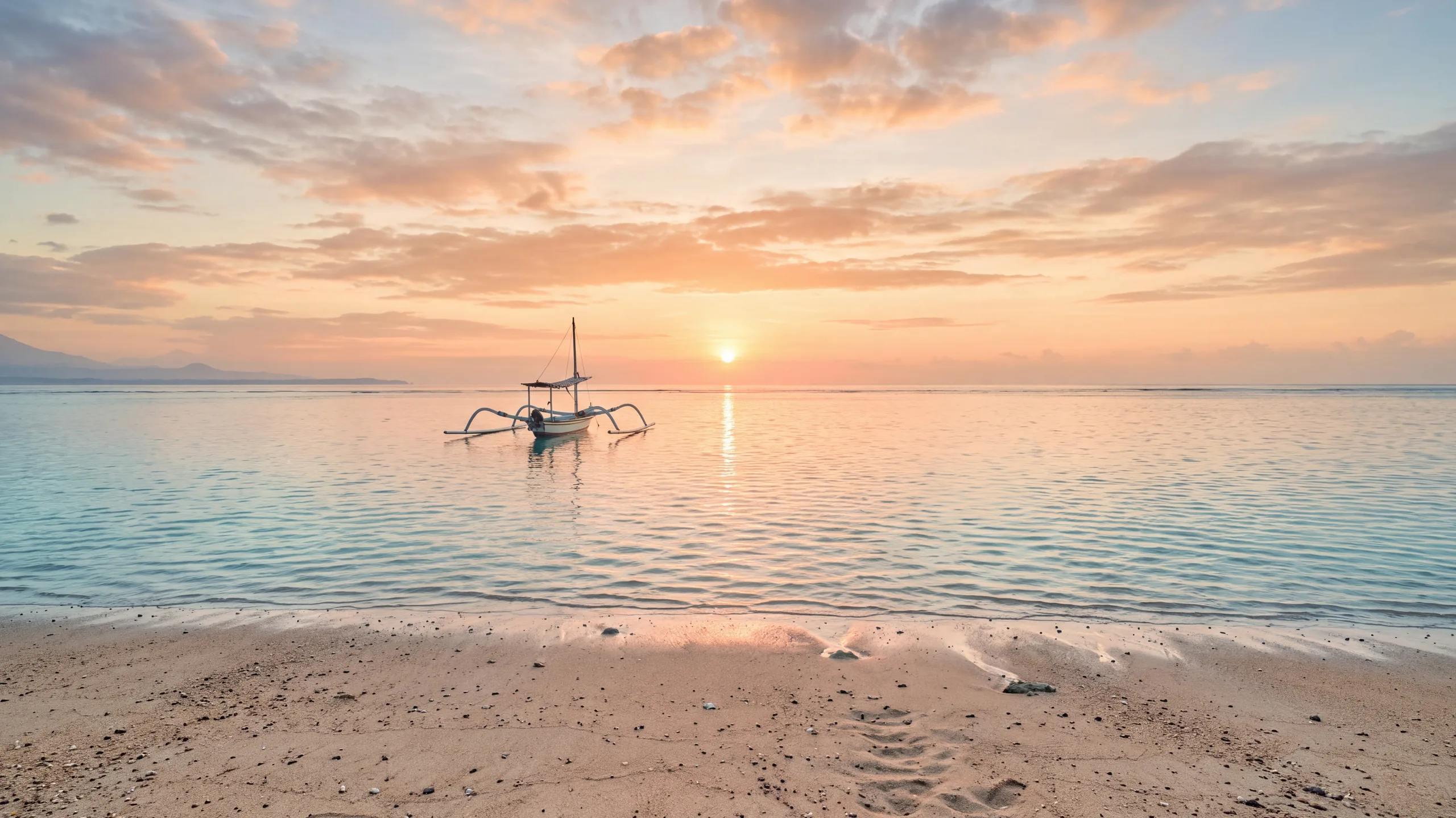 AI-created interpretation of Sanur Beach, Bali, at sunrise, with a traditional outrigger boat, calm turquoise water, a sandy shore, and a coral-gold sky.