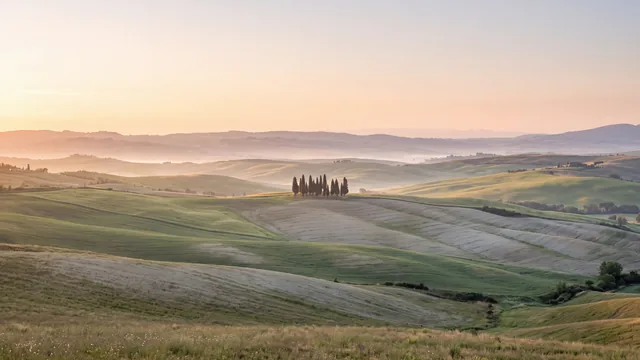 AI-created interpretation of Val d'Orcia in Tuscany at sunrise, with softly rolling fields, a small group of cypress trees and pale mist warmed by golden light.