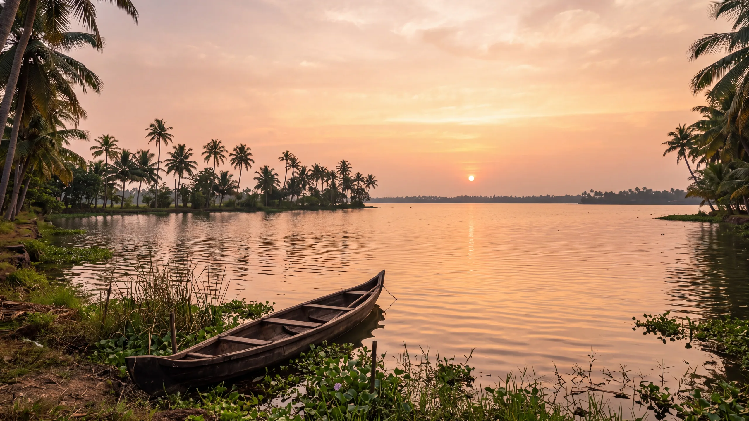AI-created interpretation of Vembanad Lake near Kumarakom in Kerala, India, at sunset, with an empty wooden canoe, palm-lined shores and gently rippled water beneath an amber and rose sky.