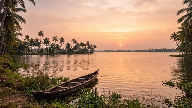 AI-created interpretation of Vembanad Lake near Kumarakom in Kerala, India, at sunset, with an empty wooden canoe, palm-lined shores and gently rippled water beneath an amber and rose sky.